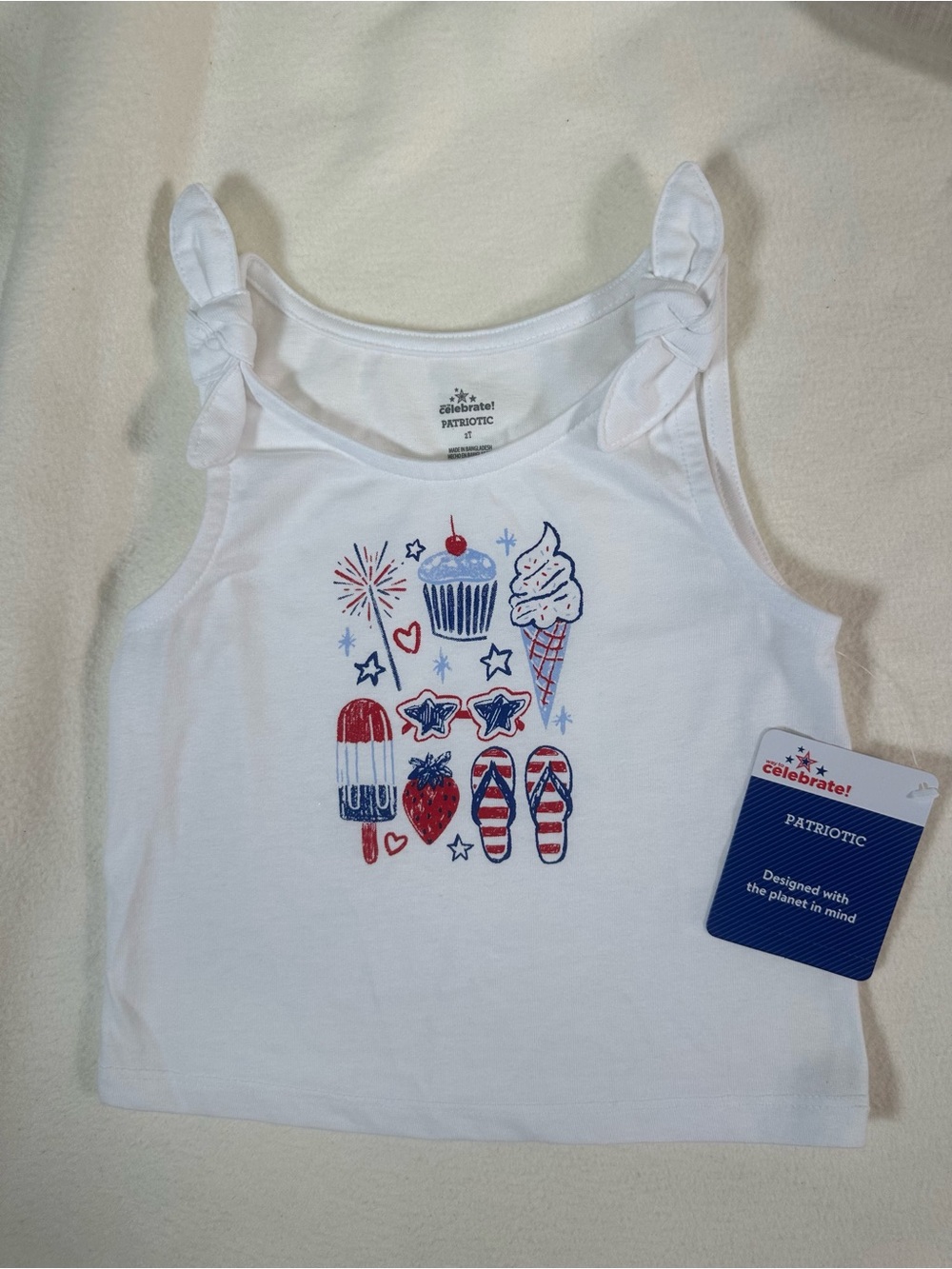 NWT Celebrate! Girls' White Patriotic Tank Top Knot Straps Size 2T